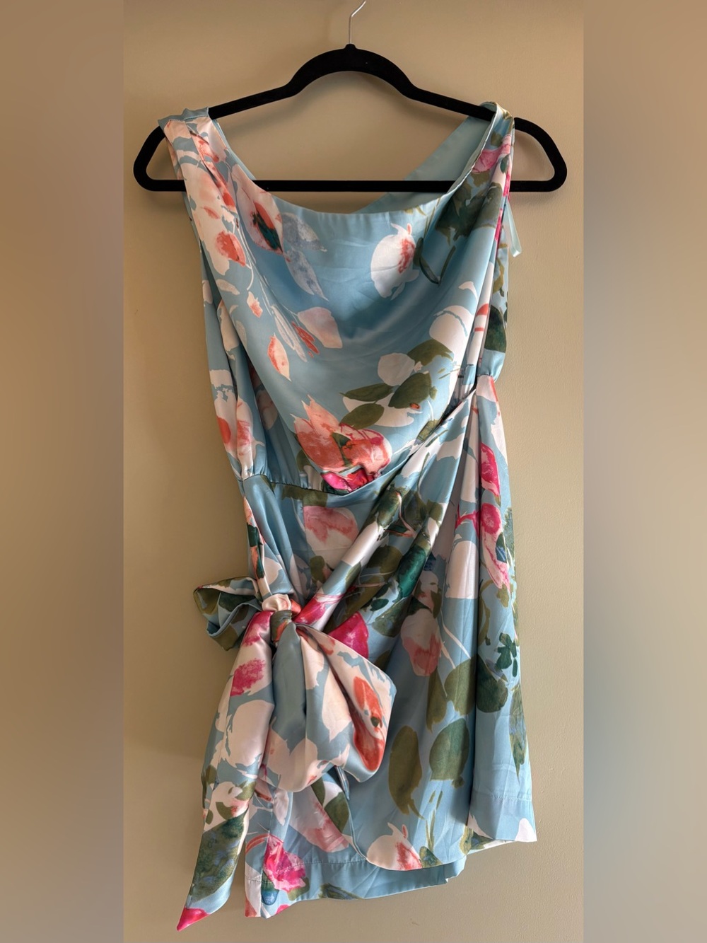 One-Shoulder Floral Wrap Dress in Light Blue with Pink Accents